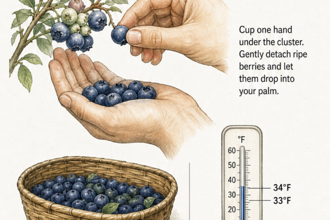 Illustration demonstrating how to gently cup a hand under a blueberry cluster to pick ripe berries