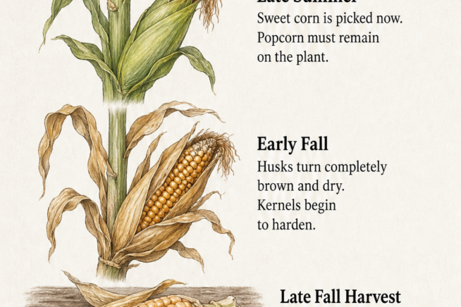 Three-step botanical illustration showing the ripening and drying process of popcorn on the stalk