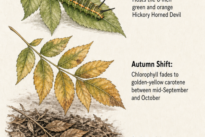 Illustration showing the life cycle of a hickory leaf in the ecosystem, from hosting caterpillars in the summer canopy to turning golden-yellow in autumn and...