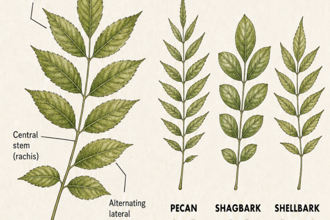 Botanical illustration showing the structure of a hickory leaf with labels for the terminal leaflet, central stem, and alternating lateral leaflets, alongside...