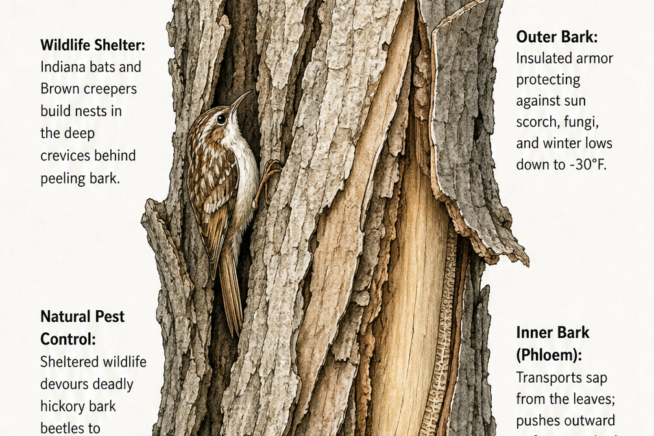 Cross-section illustration of shagbark hickory bark showing outer bark, inner phloem, and a brown creeper bird sheltering in a crevice.