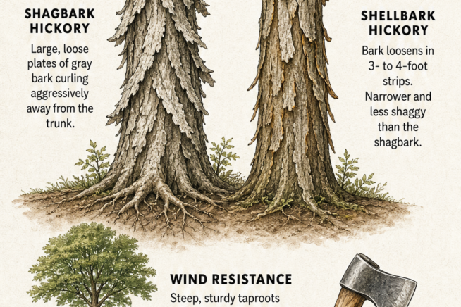 Illustration of shagbark and shellbark hickory tree trunks showing peeling bark patterns and deep taproots