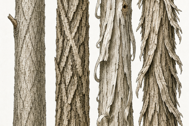 Botanical illustration comparing the bark of bitternut, pignut, shellbark, and shagbark hickory trees.