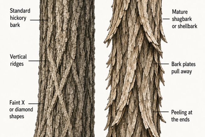 Botanical illustration comparing standard ridged hickory bark with the peeling bark of a mature shagbark hickory