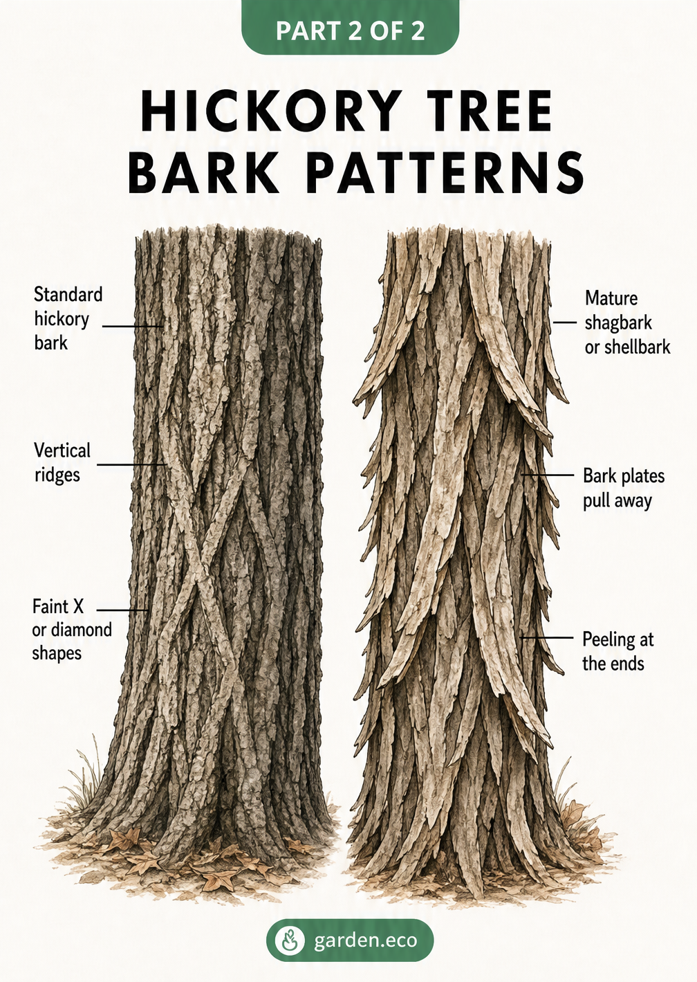 Botanical illustration comparing standard ridged hickory bark with the peeling bark of a mature shagbark hickory