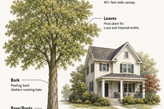 Illustration of a mature hickory tree next to a two-story house, highlighting its 80-foot height, deep taproots, and benefits to wildlife.
