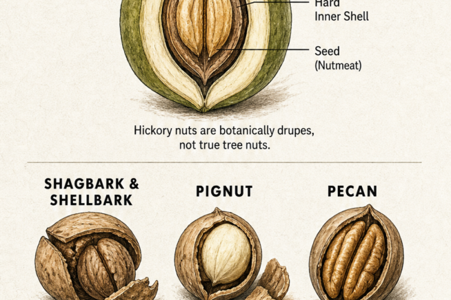Botanical illustration comparing hickory tree nuts including shagbark, pignut, and pecan varieties