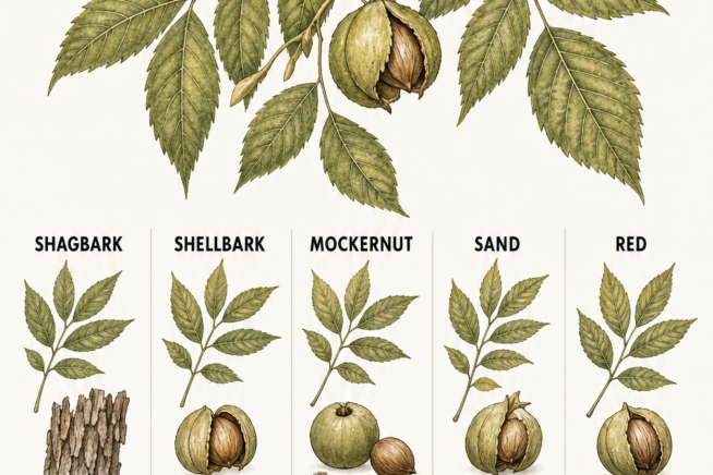 Botanical illustration comparing five native hickory tree species, showing their hardiness zones, sun requirements, and preferred soil types.
