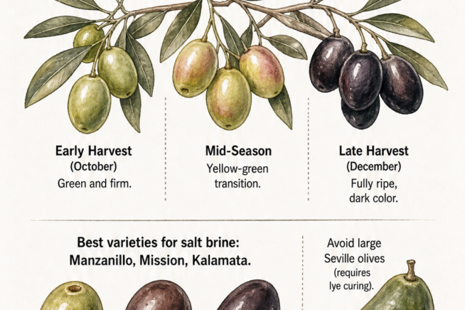 Three-step illustration of the home olive brining process showing slitting olives, the floating egg test for brine concentration, and storing in a glass jar