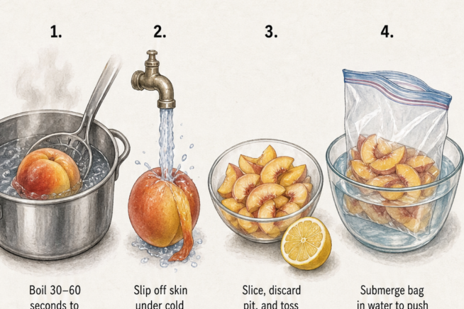 Four illustrated steps for freezing fresh peaches, including boiling to loosen skin, peeling under cold water, slicing with lemon juice, and sealing in a bag.