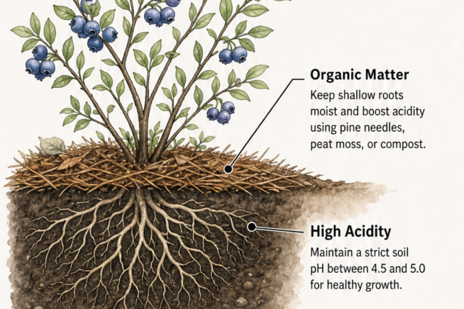 Botanical illustration of a blueberry bush showing shallow roots, highlighting organic matter, high acidity, and well-drained soil requirements.