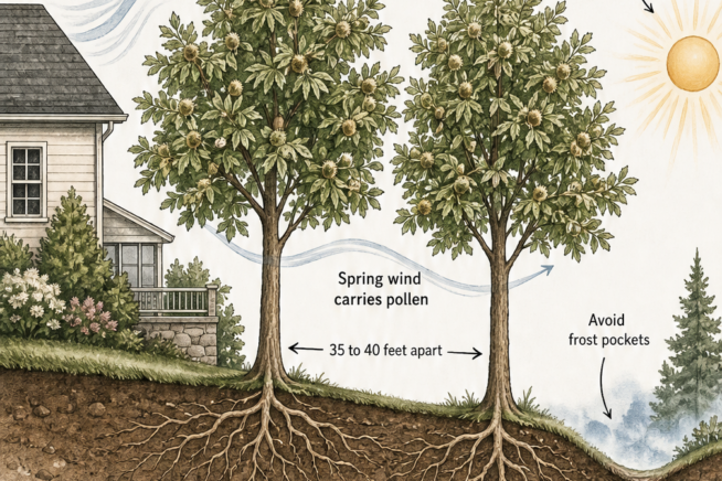 Botanical cross-section illustration showing the ideal planting site for chestnut trees, including soil type, wind flow, and sun exposure.