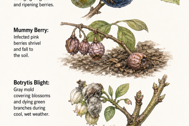 Botanical illustrations identifying common blueberry bush diseases: Anthracnose, Mummy Berry, Botrytis Blight, and Crown Gall.