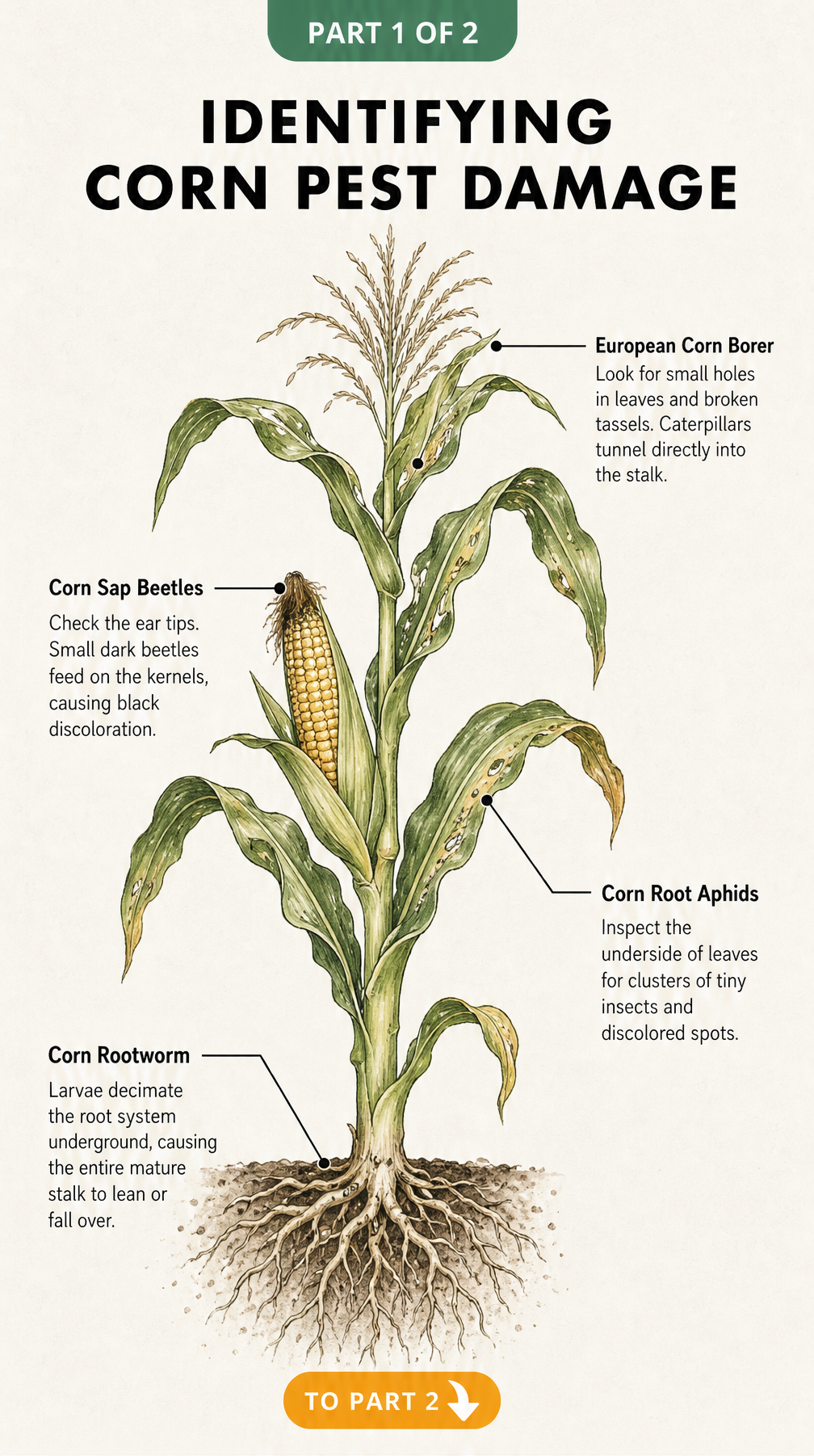 Botanical illustration of a mature corn plant showing damage from European corn borer, corn sap beetles, corn root aphids, and corn rootworm.