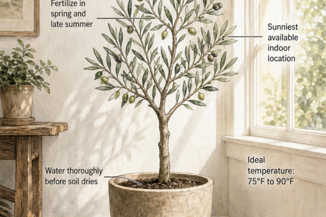 Illustration of a potted olive tree by a sunny window showing ideal temperature, watering, and fertilizing needs.