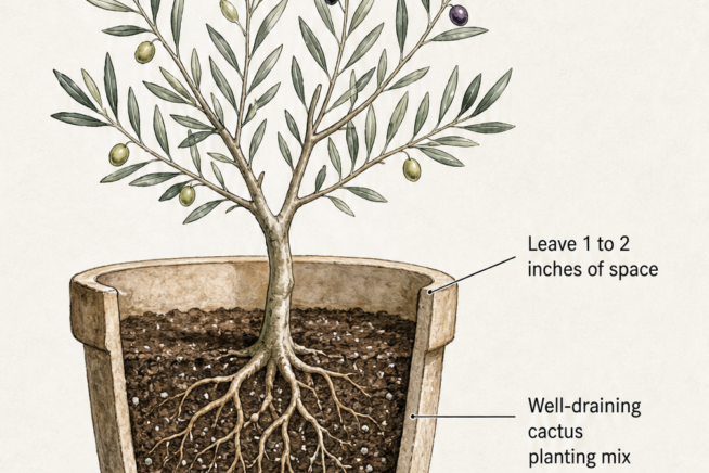 Botanical cross-section illustration showing how to pot an indoor olive tree with cactus mix and drainage holes.