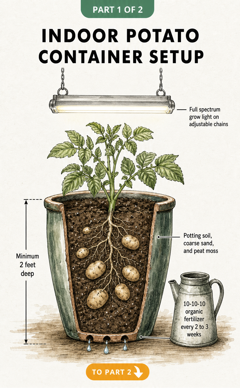 Cross-section illustration of an indoor potato container setup showing a deep ceramic pot, grow light, soil mix, and drainage holes.