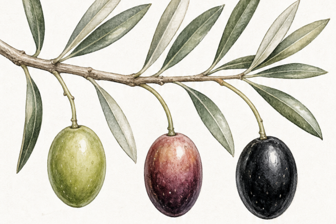 Botanical illustration showing olive fruit ripening stages from green to black on a branch