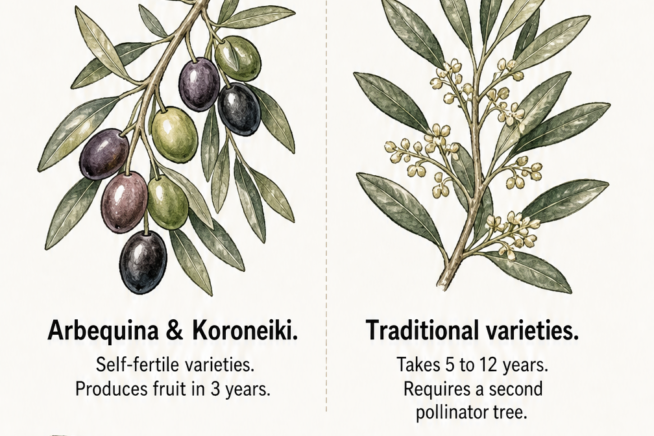 Illustration comparing olive tree fruit production between self-fertile varieties like Arbequina and traditional varieties requiring a pollinator.