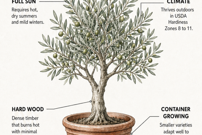 Illustration of an olive tree in a terracotta pot showing growing conditions like full sun and hardiness zones