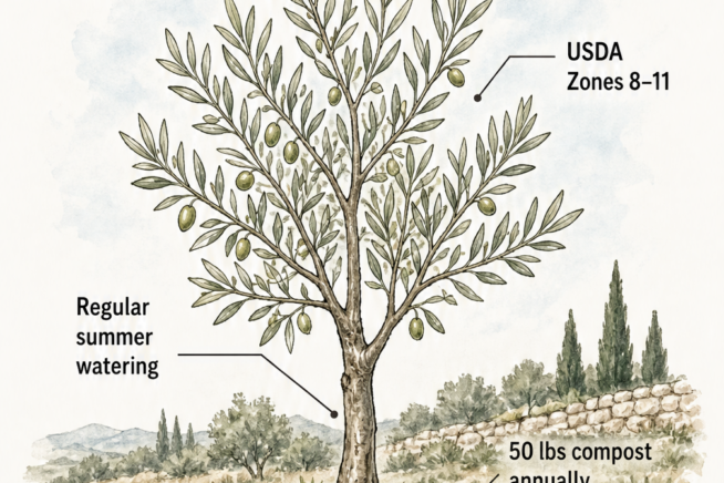 Botanical illustration of a young olive tree showing ideal growing conditions like full sun, USDA zones 8-11, and well-drained soil.