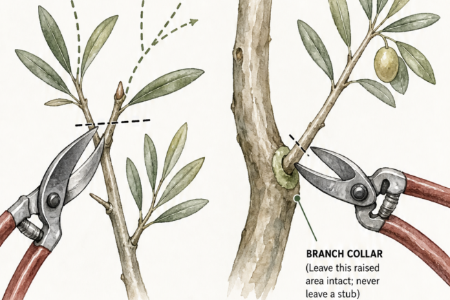 Illustration comparing heading cuts and thinning cuts for olive tree pruning, showing where to cut near the branch collar and vegetative buds.