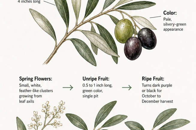 Detailed illustration of an olive branch showing oblong silvery-green leaves and the chronological development from spring flowers to unripe green fruit and...