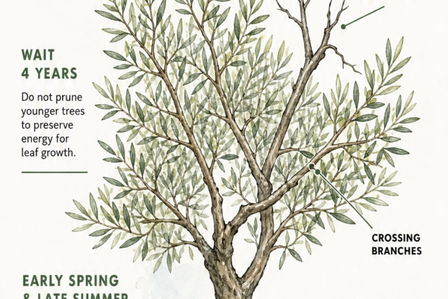 Botanical illustration showing olive tree pruning seasons, highlighting root suckers, crossing branches, and dead wood to remove.