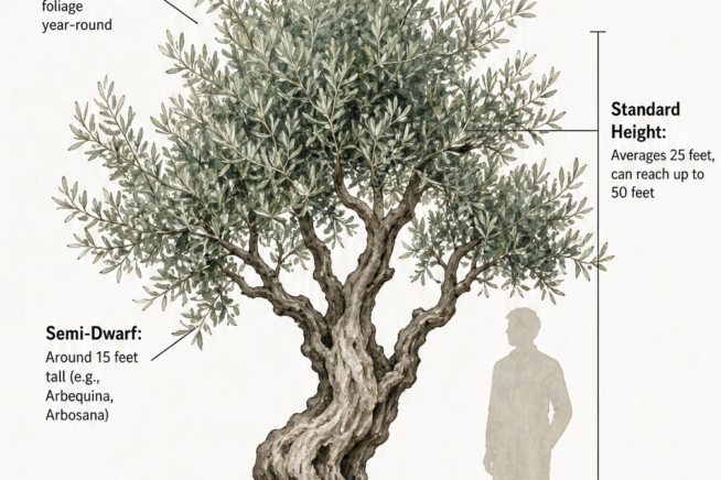 Botanical illustration of a mature olive tree showing its twisted trunk, silvery-green canopy, and average height compared to a human silhouette.