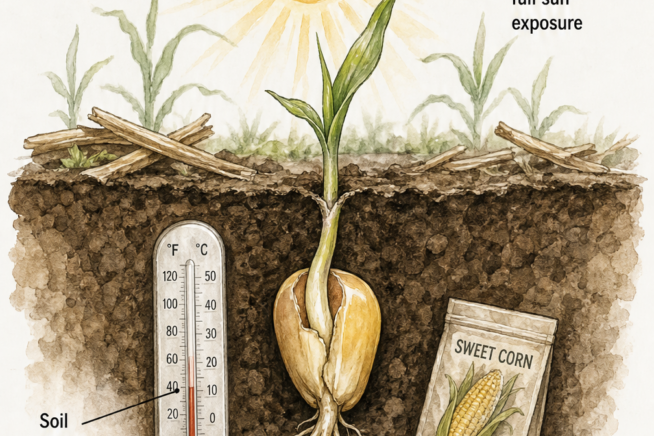 Botanical cross-section showing a germinating corn seed in soil with sunlight and temperature requirements