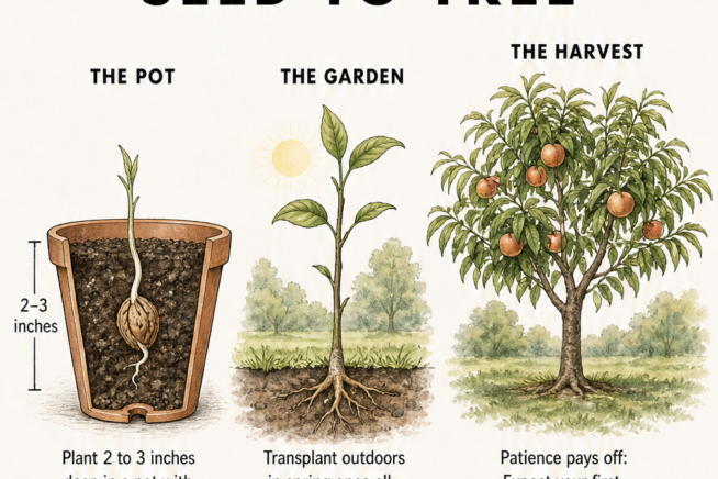 Timeline illustration showing a peach seed growing from a pot into a mature fruit-bearing tree