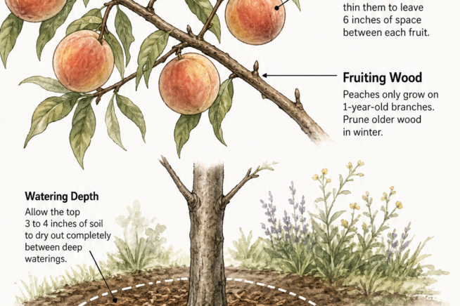 Botanical illustration detailing peach tree care, including fruit thinning, pruning fruiting wood, watering depth, and fertilizer application zones.