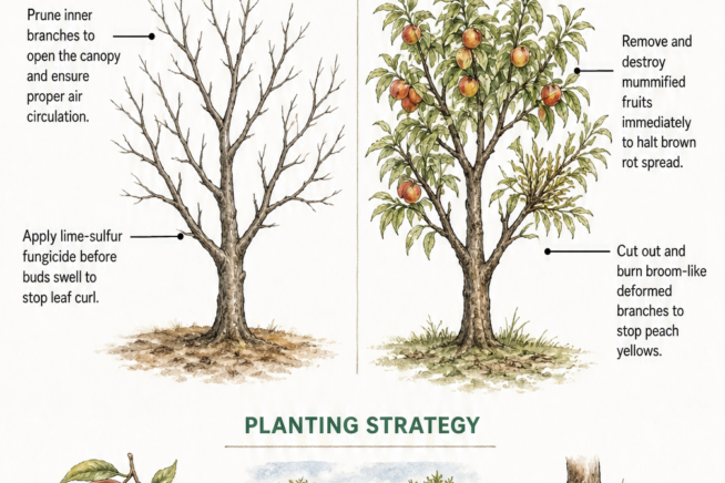 Diagram showing peach tree disease prevention strategies during dormant and active seasons, including pruning, spraying, and planting resistant varieties.
