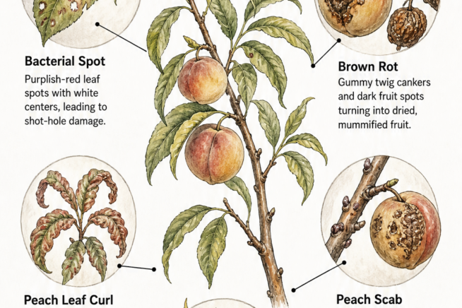 Illustration showing symptoms of common peach tree diseases including bacterial spot, brown rot, peach leaf curl, peach scab, and peach yellows.