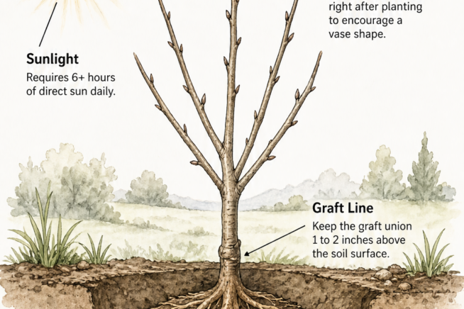 Botanical illustration showing how to plant a peach tree, including initial pruning, sunlight needs, graft line placement, and soil preparation.
