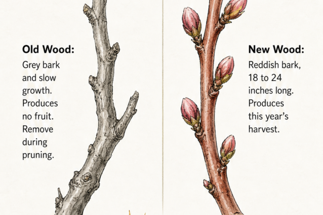 Illustration showing the difference between old grey wood and new reddish wood on a peach tree, with pruning timing advice.