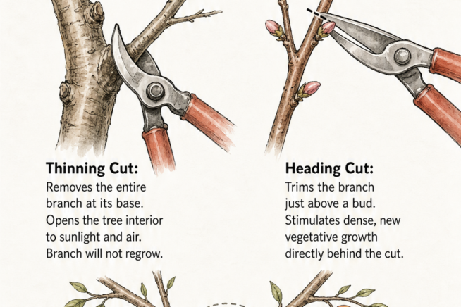 Botanical drawings demonstrating thinning cuts and heading cuts for pruning peach trees.