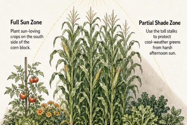 Cross-section sketch of a garden bed showing tall sweet corn casting shade, with sun-loving plants on the sunny side and shade-tolerant greens on the shaded...