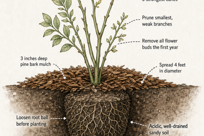 Cross-section diagram of a planted blueberry bush showing root ball preparation, acidic soil mix, pine bark mulch, and initial pruning cuts.