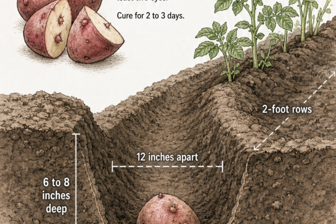 Botanical cross-section illustration showing how to plant red potatoes in a garden trench