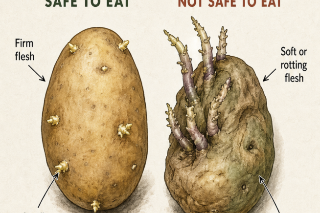 Botanical illustration showing a sprouted potato planted in a 6-inch deep trench with the sprout tip above the soil.