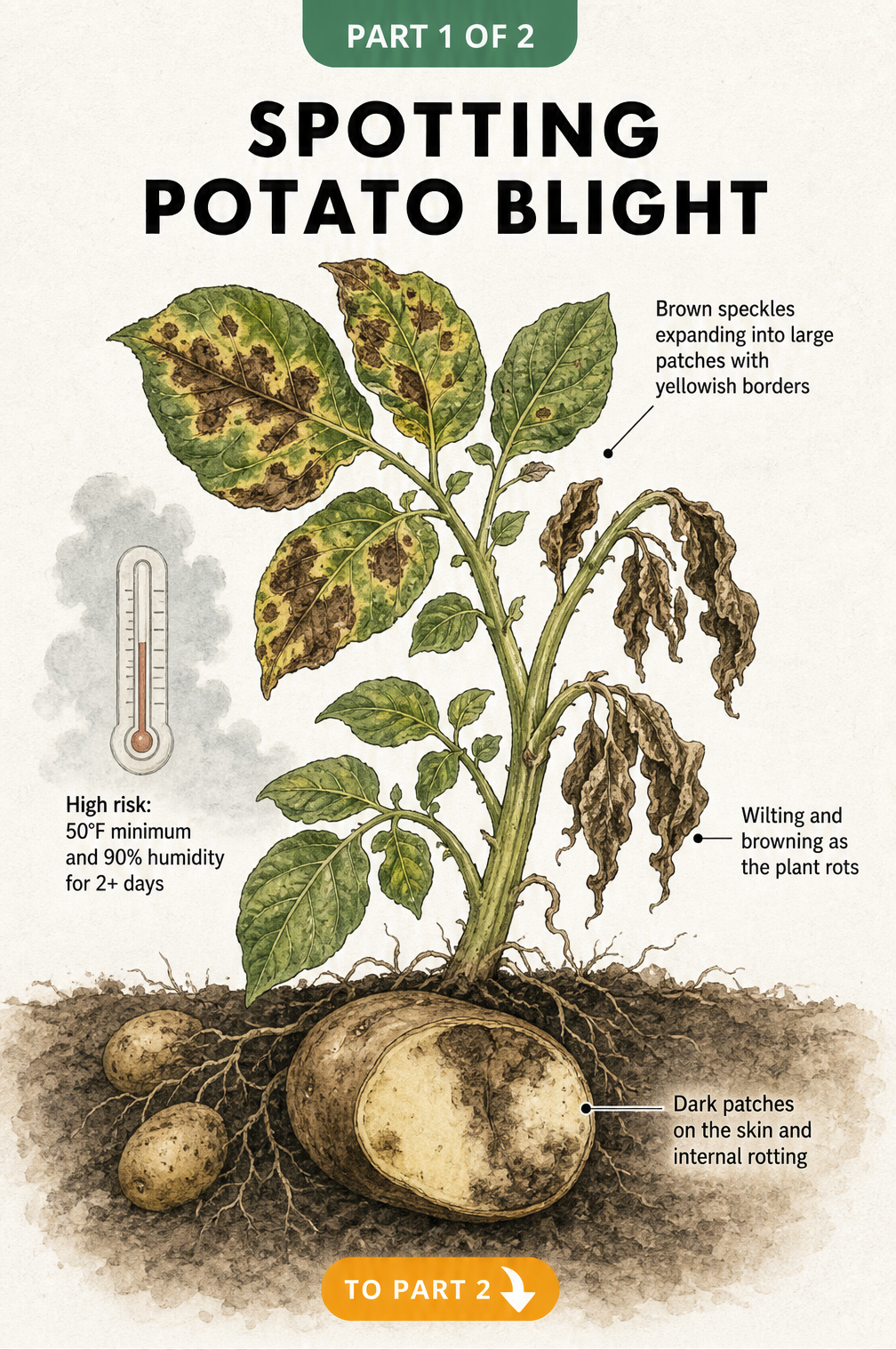 Botanical illustration showing potato blight symptoms on leaves and a cross-section of an infected tuber underground