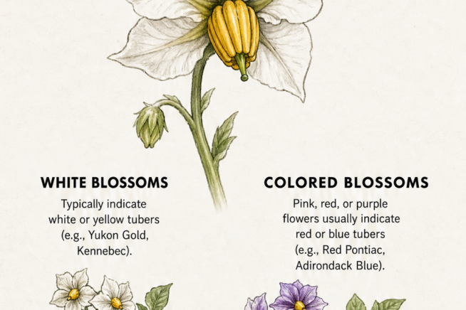 Botanical illustration showing white and purple potato flowers next to their corresponding tuber colors