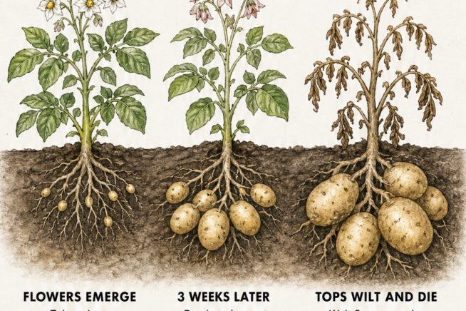 Cross-section illustration of potato plants showing three harvest stages from flowering to wilted tops