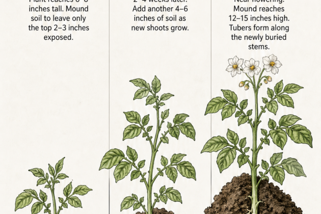 Botanical illustration showing the three stages of hilling potatoes, from a young plant to a mature flowering plant with tubers forming underground.