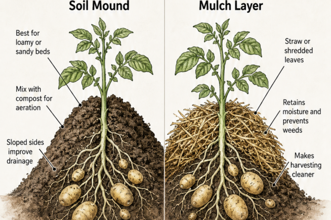 Comparison illustration of a traditional soil mound versus an organic mulch layer for hilling potatoes.