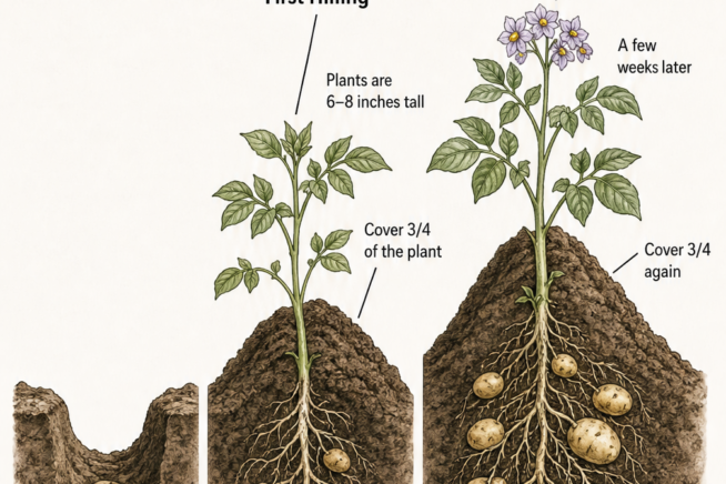 Illustration showing the timeline of hilling potatoes from planting in a trench to the first and second hilling stages.