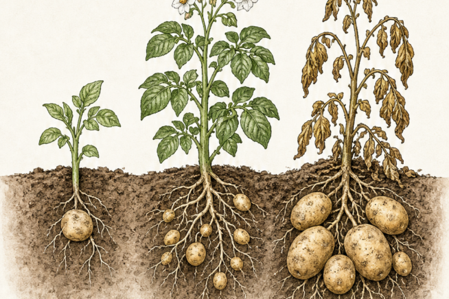 Botanical illustration showing three stages of potato growth: planting, flowering for new potatoes, and dying foliage for mature crop harvest.