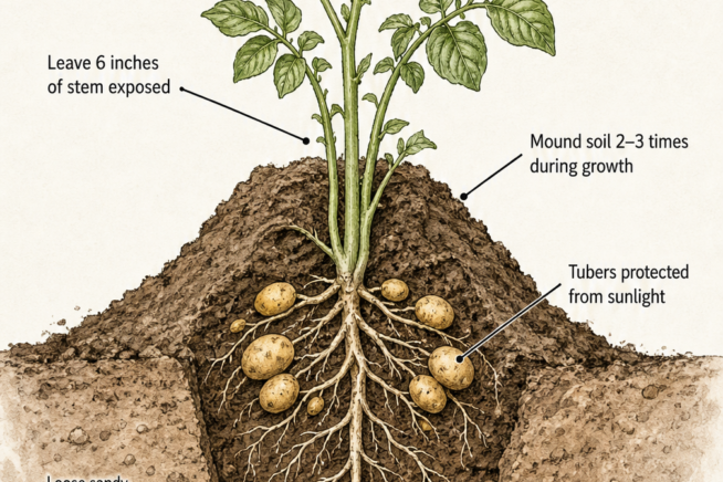 Botanical cross-section illustration showing a potato plant growing in a trench with hilled soil protecting the new tubers.