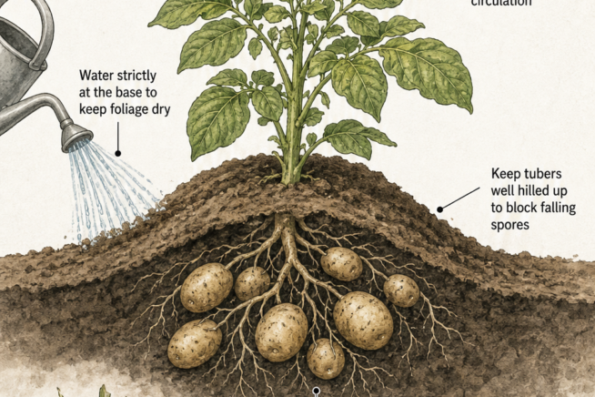 Sketch of a healthy potato plant on a ridge showing proper watering, hilling, and air circulation to prevent blight